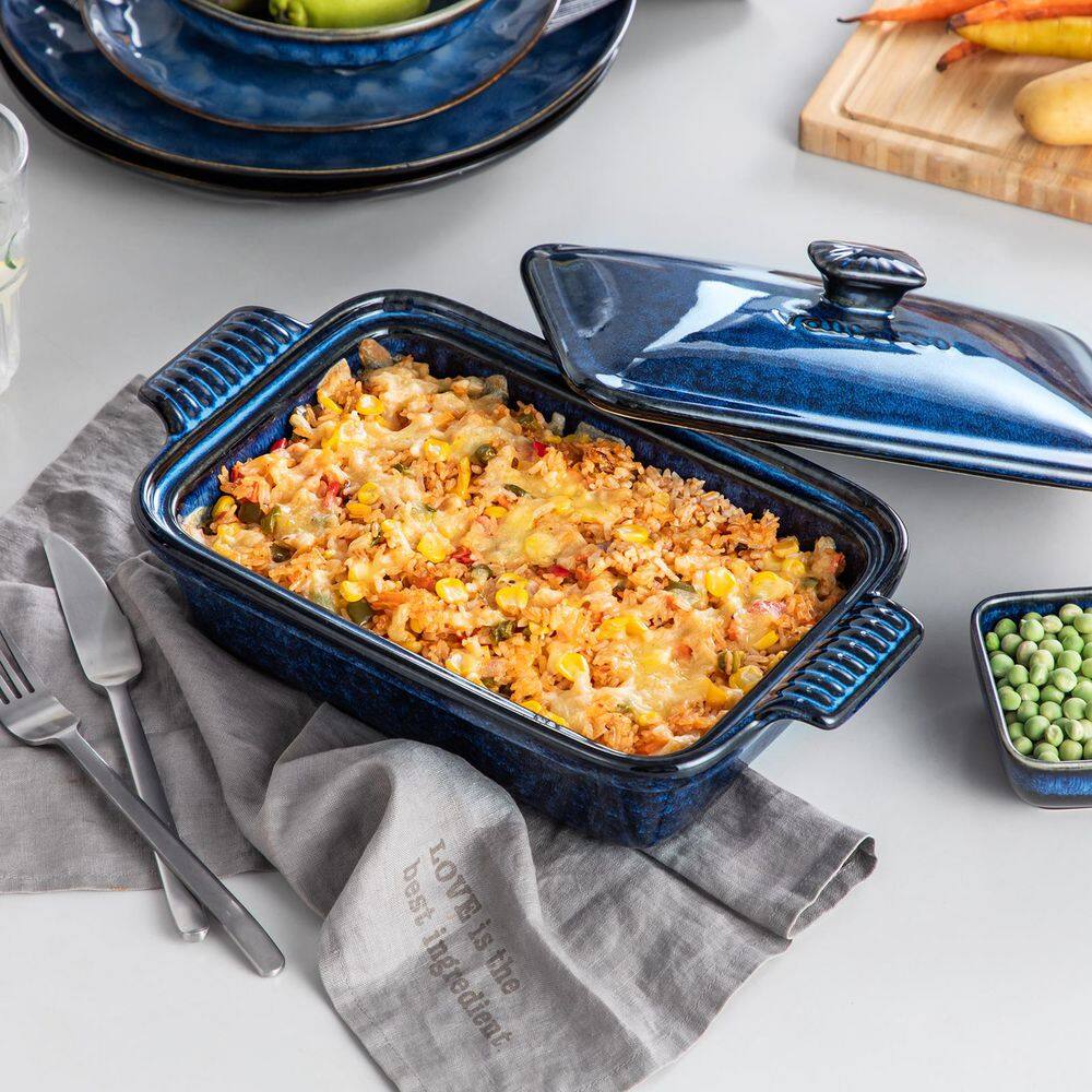 1-Piece Rectangle Stoneware Casserole Dish Set with Lid Baking Tray Lasagna Pan Pie Dish Blue Bakeware 1.9 qt. - Hercitys