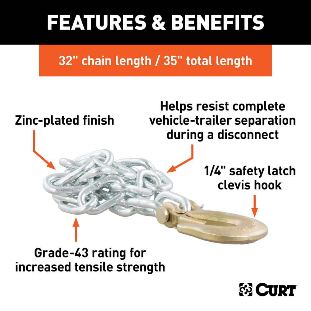 35″ Safety Chain with 1 Clevis Hook (7,800 lbs., Clear Zinc) - Hercitys