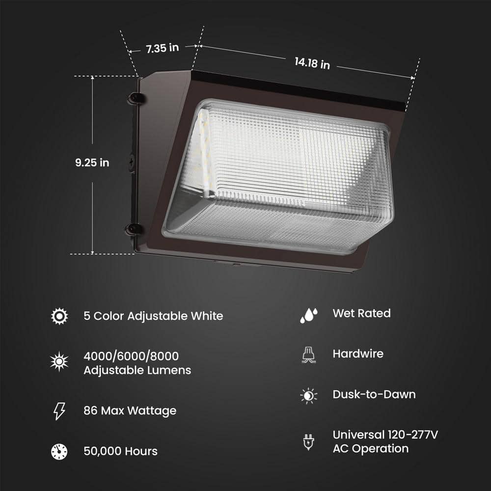 4000/6000/8000 Lumen Select Integrated LED Selectable 5CCT Bronze Dusk to Commercial Wall Pack Light - Hercitys
