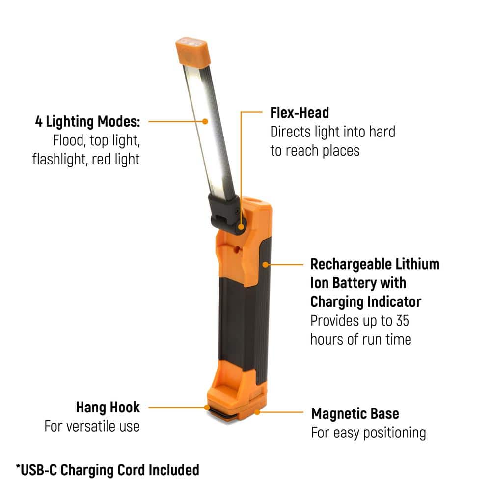 10-1/2 in. 400 Lumen Lithium-Ion USB-C Rechargeable Automotive Flex-Head Light with Magnetic Clamping Base - Hercitys