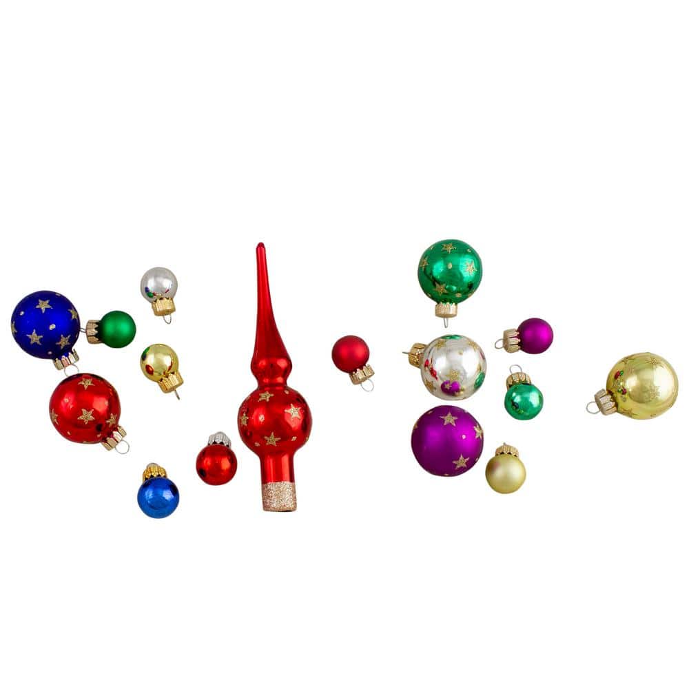 16-Piece Set of Assorted Multi-Color Glass Ball Christmas Ornaments with Tree Topper - Hercitys