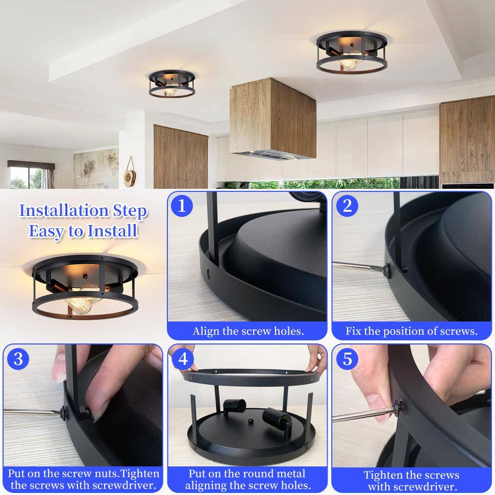 12.7 in. 2-Light Farmhouse Black Flush Mount Ceiling Light with No Bulbs Included (2-Pack) - Hercitys