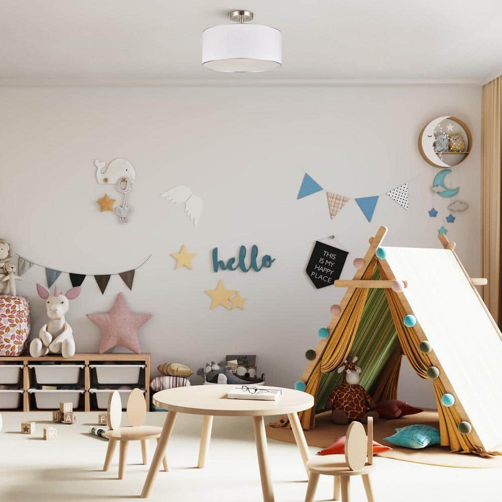 18 in. 3-Light Brushed Nickel Semi-Flush Mount with White Fabric Drum Shade - Hercitys