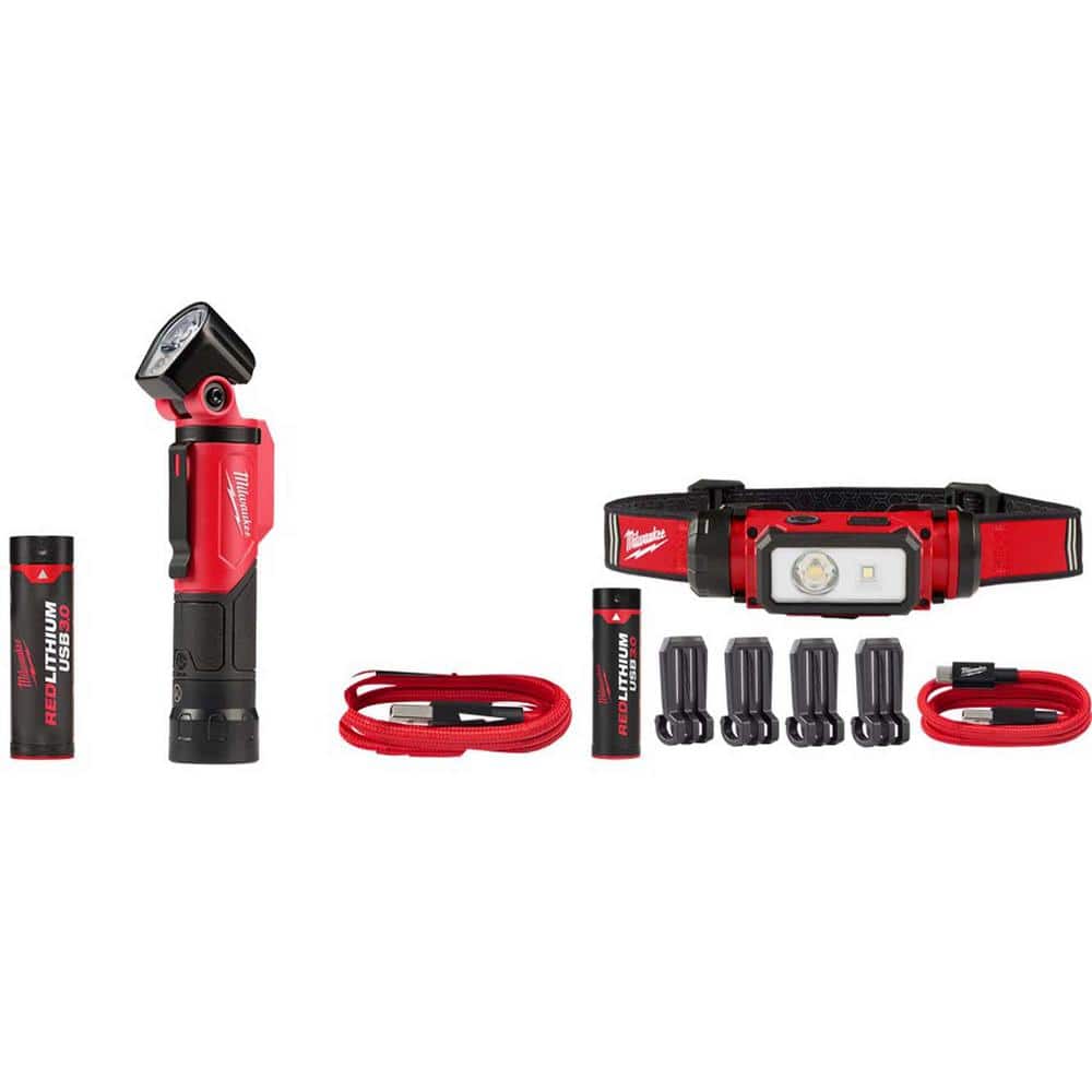 500 Lumens LED Pivoting REDLITHIUM USB Flashlight and 600 Lumens LED REDLITHIUM Hard Hat Headlamp (2-Pack) - Hercitys