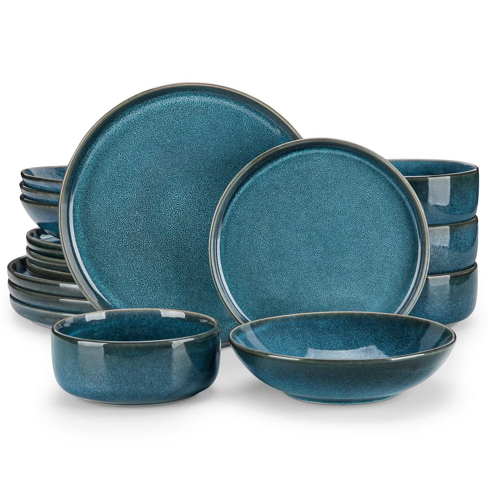 16-Piece Blue Stoneware Dinnerware Set (Service for 4) Reactive Glaze Tableware Bowls and Plates Dinner Set - Hercitys