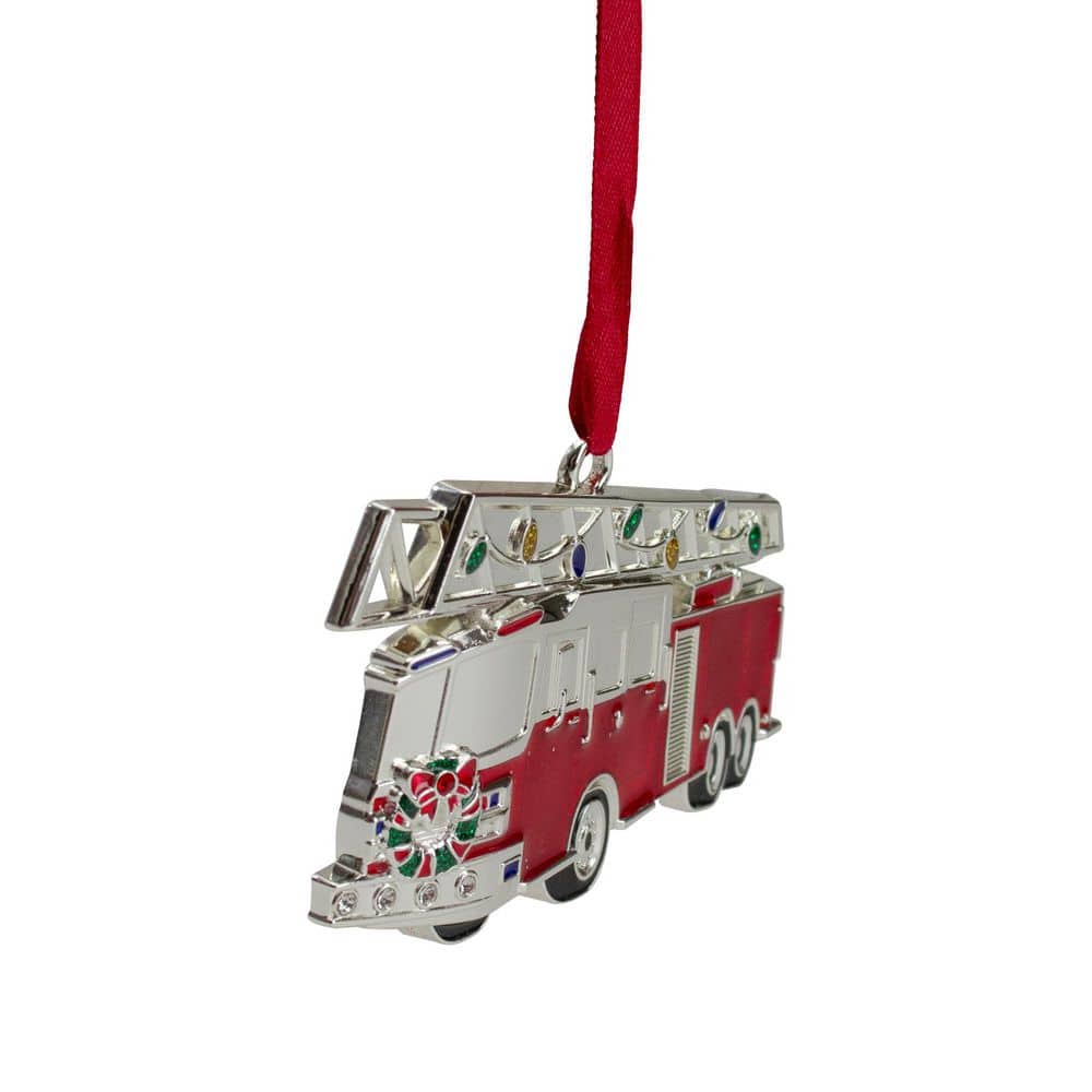 3.5 in. Silver Plated Fire Truck with European Crystals Christmas Ornament - Hercitys