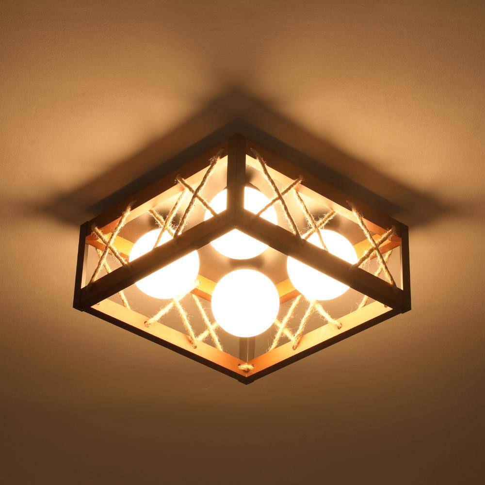 16 in. 25-Watt Farmhouse Rustic Square Wood Dimmable LED Flush Mount Ceiling Light with Acrylic Shatterproof Shade - Hercitys