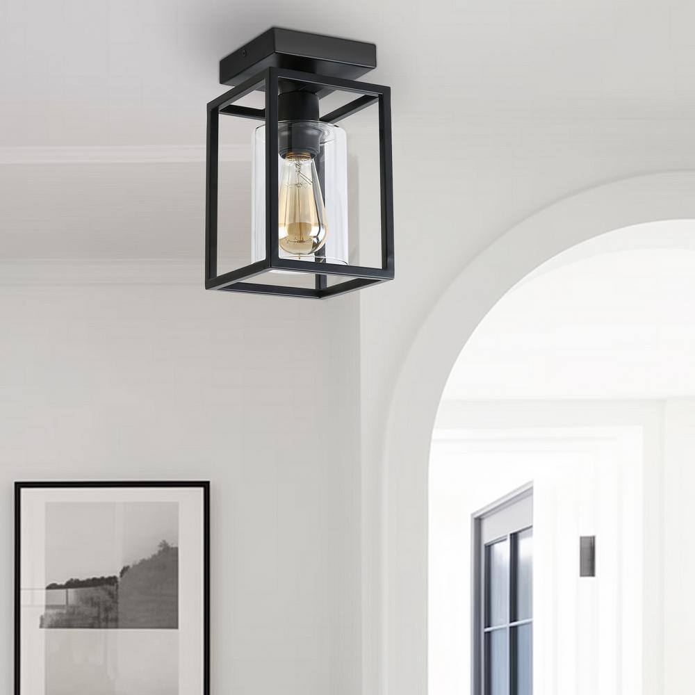 5.51 in. 1-Light Black Farmhouse Industrial Retro Cage Semi Flush Mount with Glass Shade for Living room, Bedroom, Foyer - Hercitys