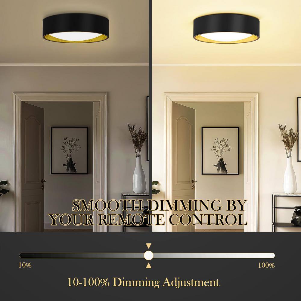 3000K-6500K 14-Watt Integrated LED 12.6 in Black and Wood Grain Flush Mount with Metal Shade and No Bulbs Included - Hercitys