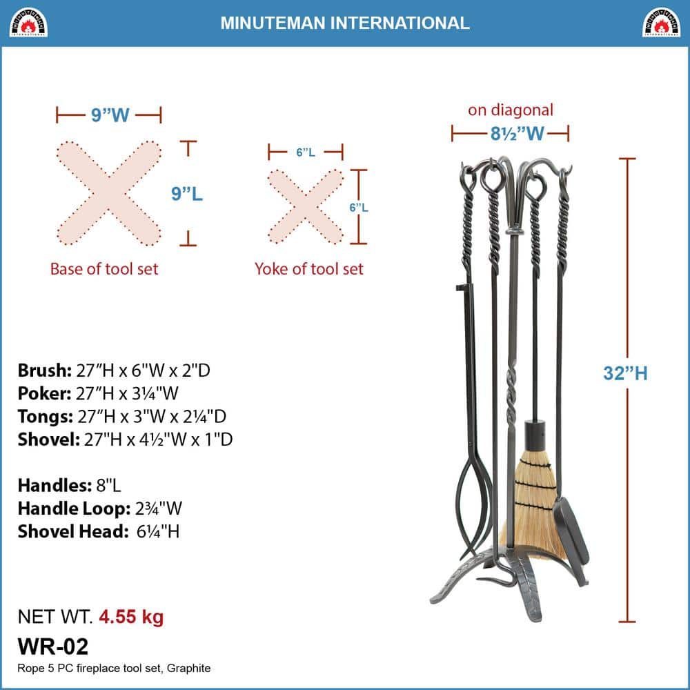 32 in. Tall 5-Piece Graphite Rope Fireplace Tool Set - Hercitys