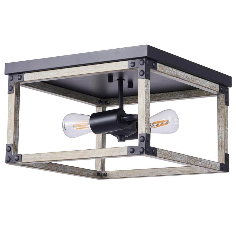 12 in. 2-Light Wood Grain Rustic Industrial Flush Mount - Hercitys