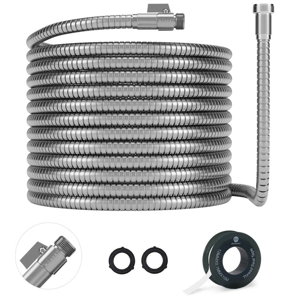 1/2 in. x 150 ft. Stainless Steel Garden Hose Set with Nickel Plated Brass On/Off Valve - Hercitys