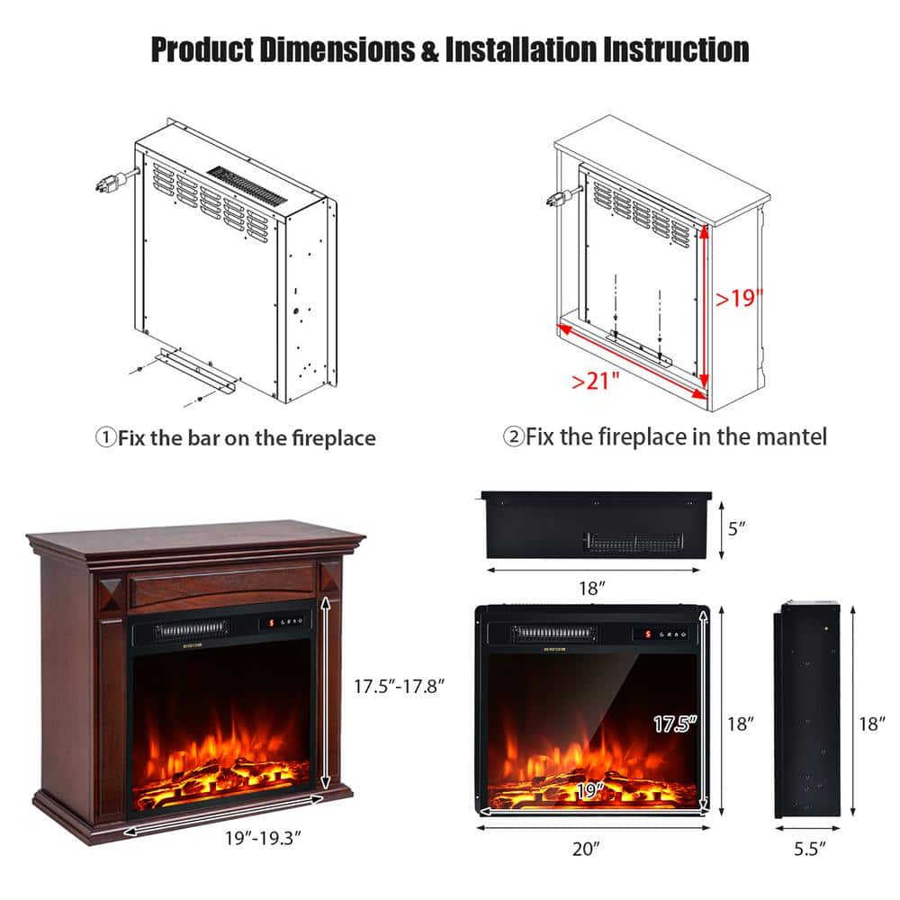 20 in. 1500-Watt Freestanding and Recessed Heater Electric Fireplace Log Flame Remote in Black - Hercitys