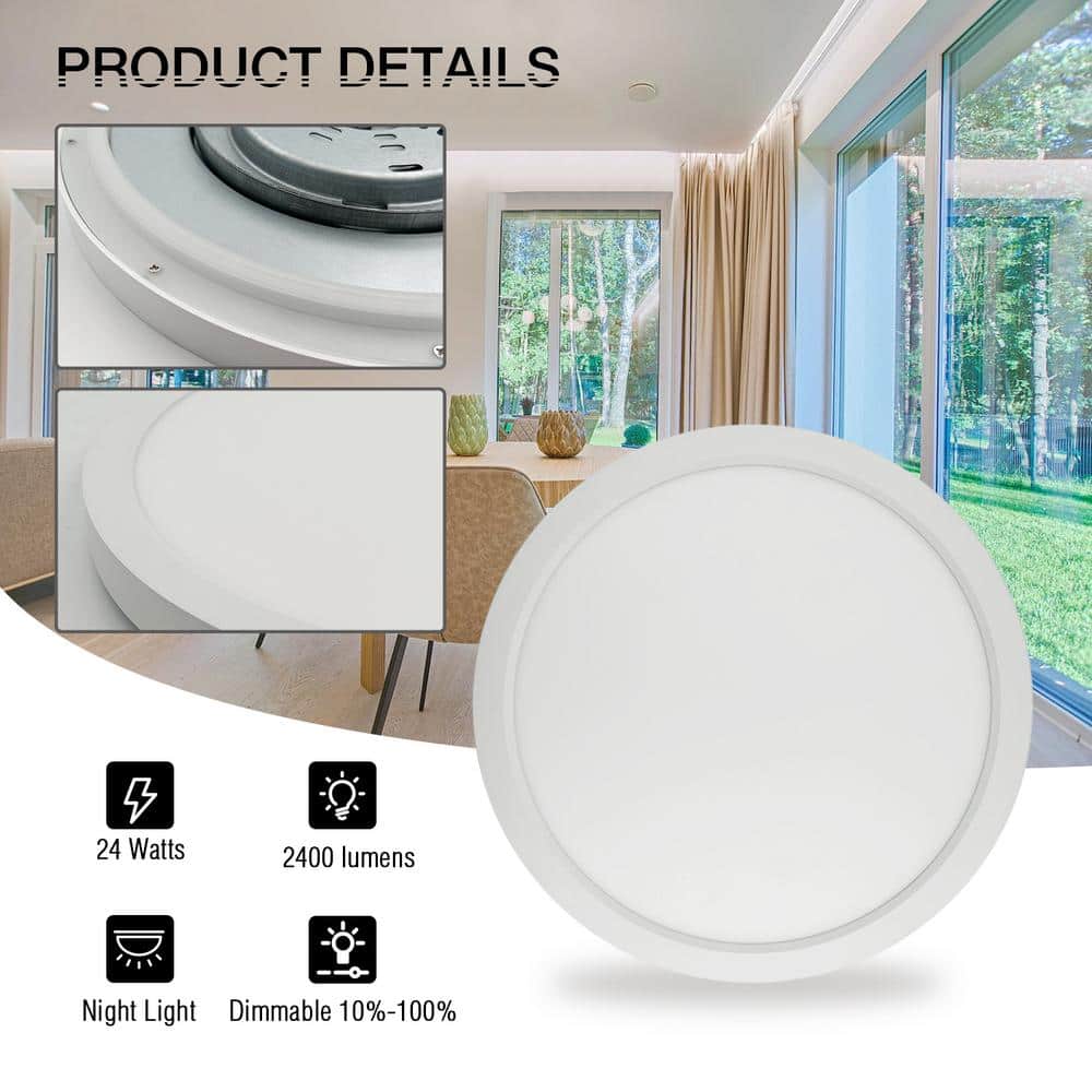 13 in. LED Flush Mount Ceiling Light with Night Light, 24W, 2400lm, 3000K/4000K/5000K Selectable - Hercitys