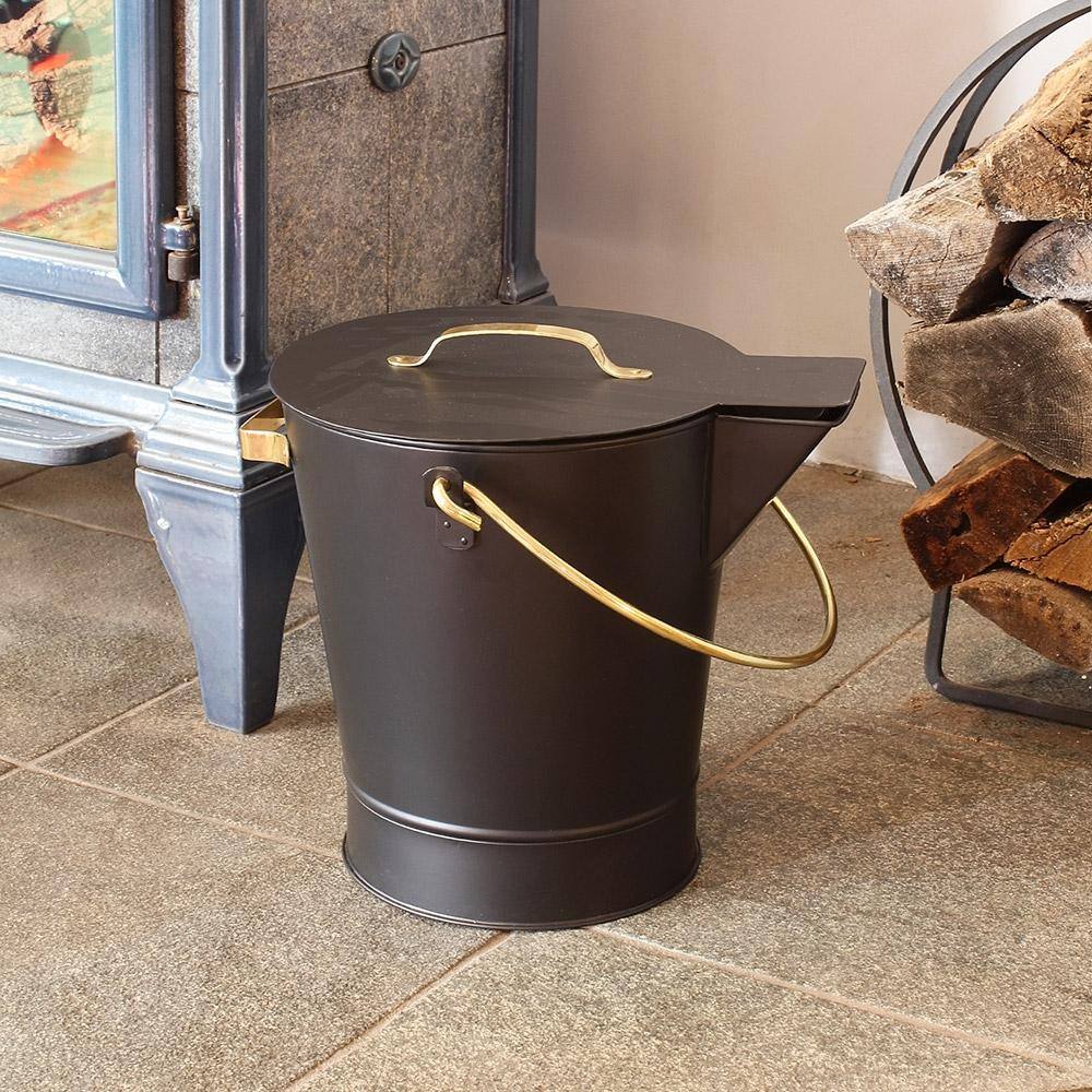 13 in. Tall Black Versatile Round Ash Bucket with Cover and Solid Brass Handles - Hercitys