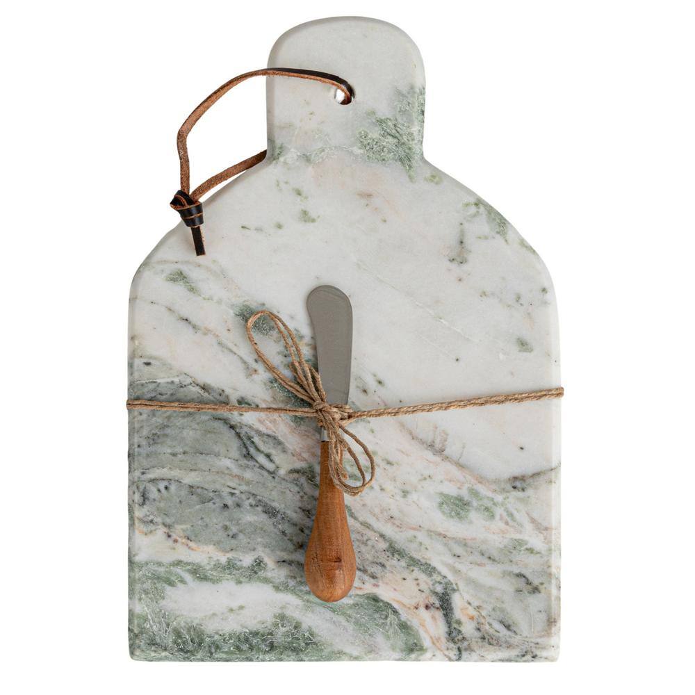 12 in. Green Melange & Natural Marble Cheese and Cutting Boards with Canafe Knife, Handle and Leather Tie (Set of 2) - Hercitys