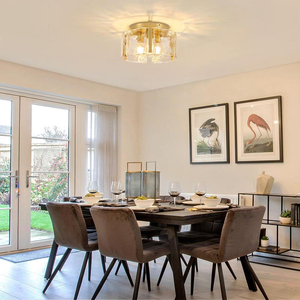 14.96 in. 3-Light Gold Modern Flush Mount Ceiling Light with Water Glass Shade - Hercitys