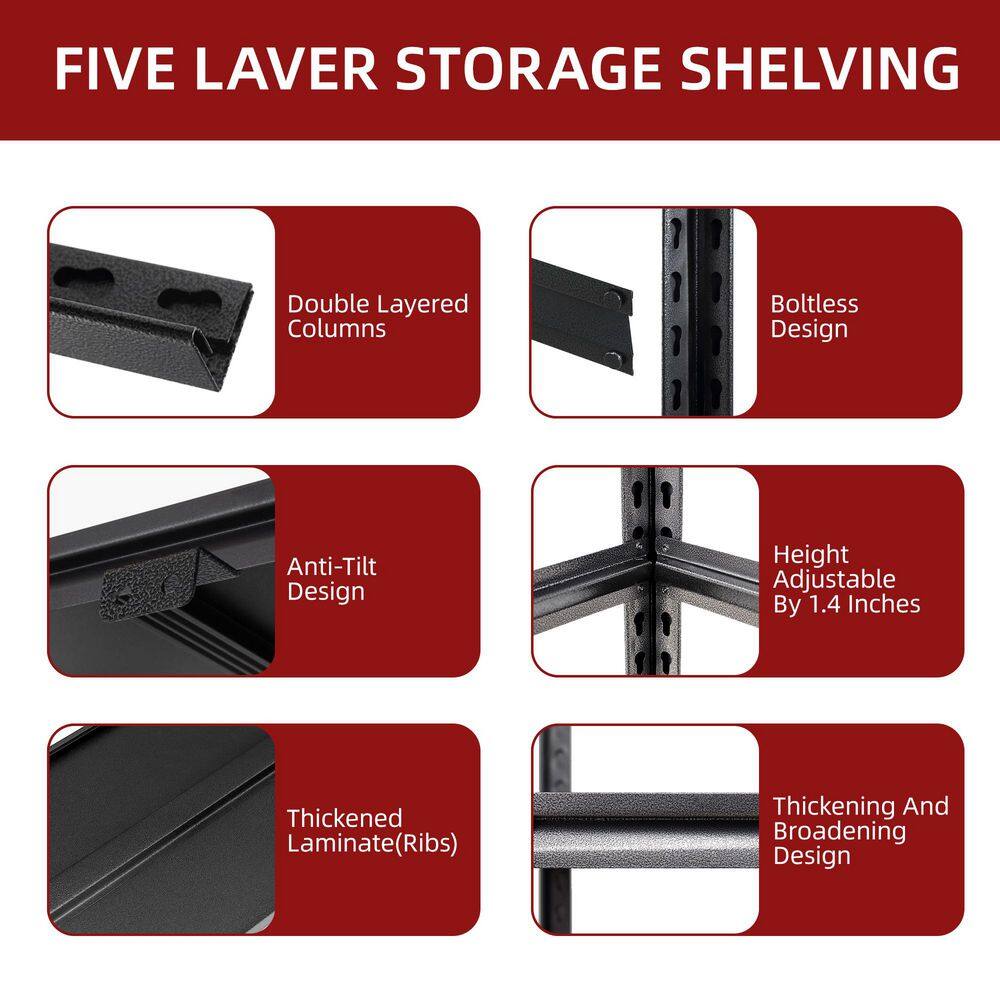 5-Tiers Steel Heavy Duty Adjustable Boltless Design Shelving Unit in Black (35.4 in. W x 72 in. H x 15.7 in. D) - Hercitys