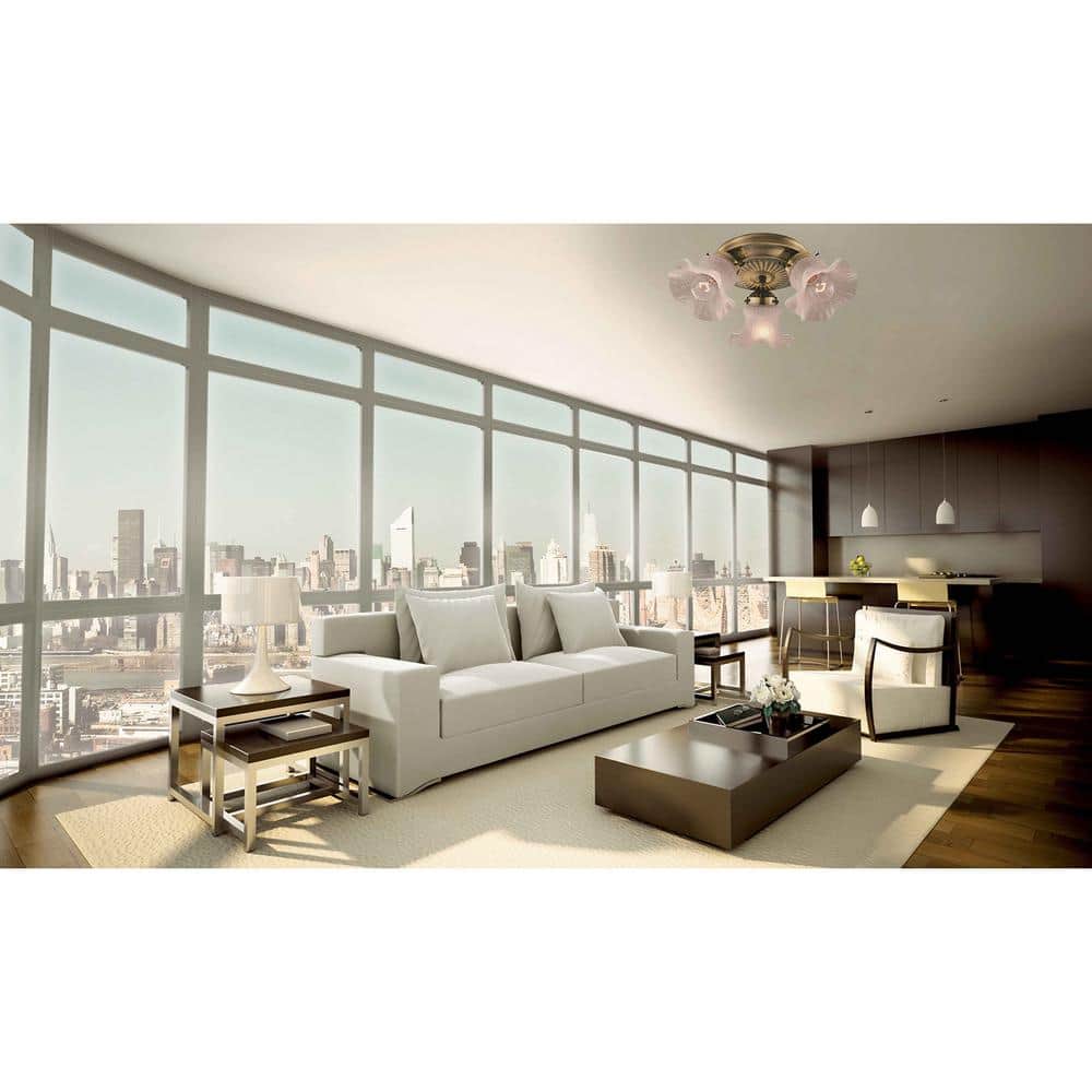 14.1 in. W x 6 in. H Antique Brass Flush Mount Fixture with Frosted Tulip Glass Shade - Hercitys