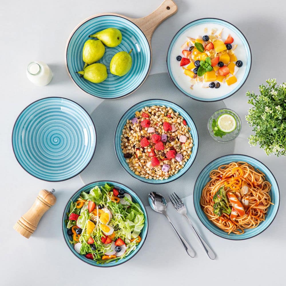 38 fl. oz. Blue Stoneware Pasta Bowl Set of 6 Spirals Pattern Soup Bowl Salad Bowl Cereal Bowls - Hercitys