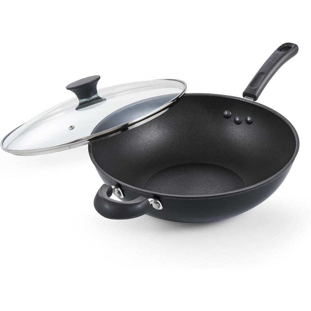 12 in. Hard Anodized Aluminum Nonstick Wok Pan with Lid, Induction Compatible - Hercitys