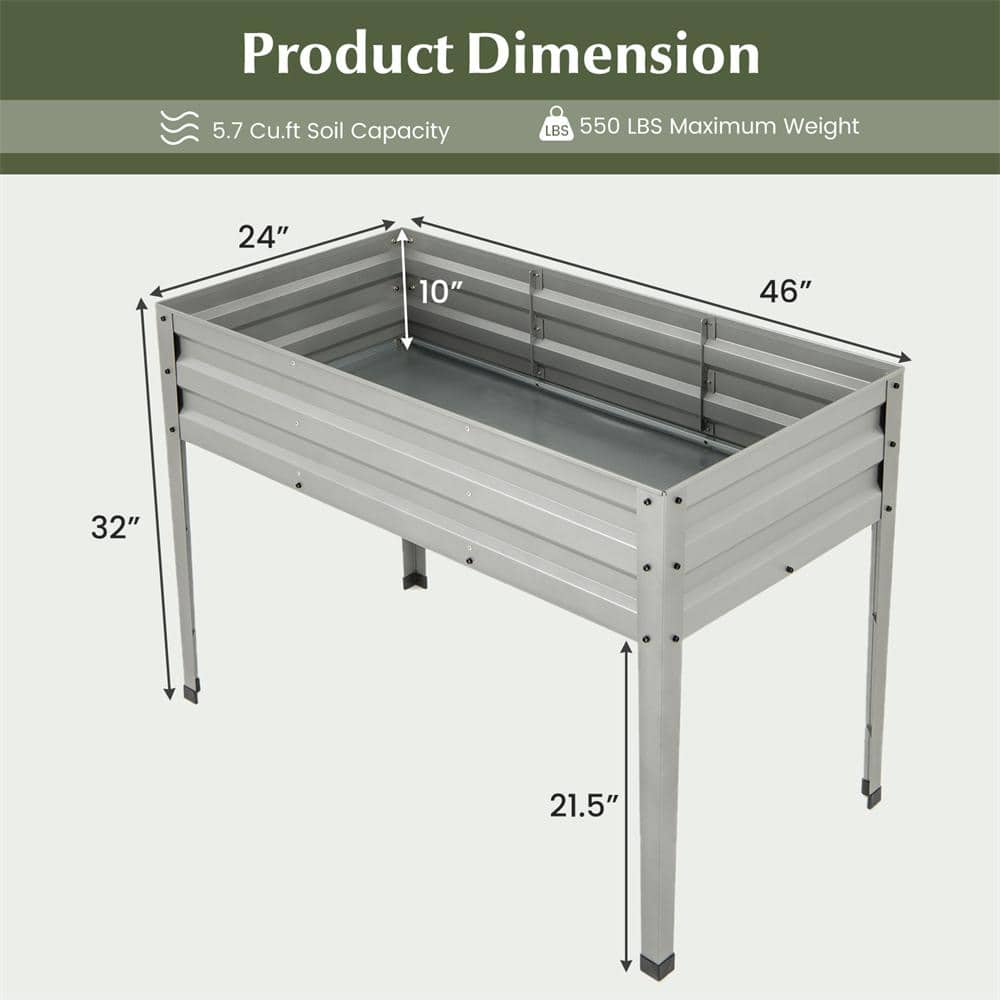 46 in. L x 24 in, W. x 32 in. H Freestanding Grey Steel Raised Garden Bed with Drainage Holes Garden Backyard and Patio - Hercitys