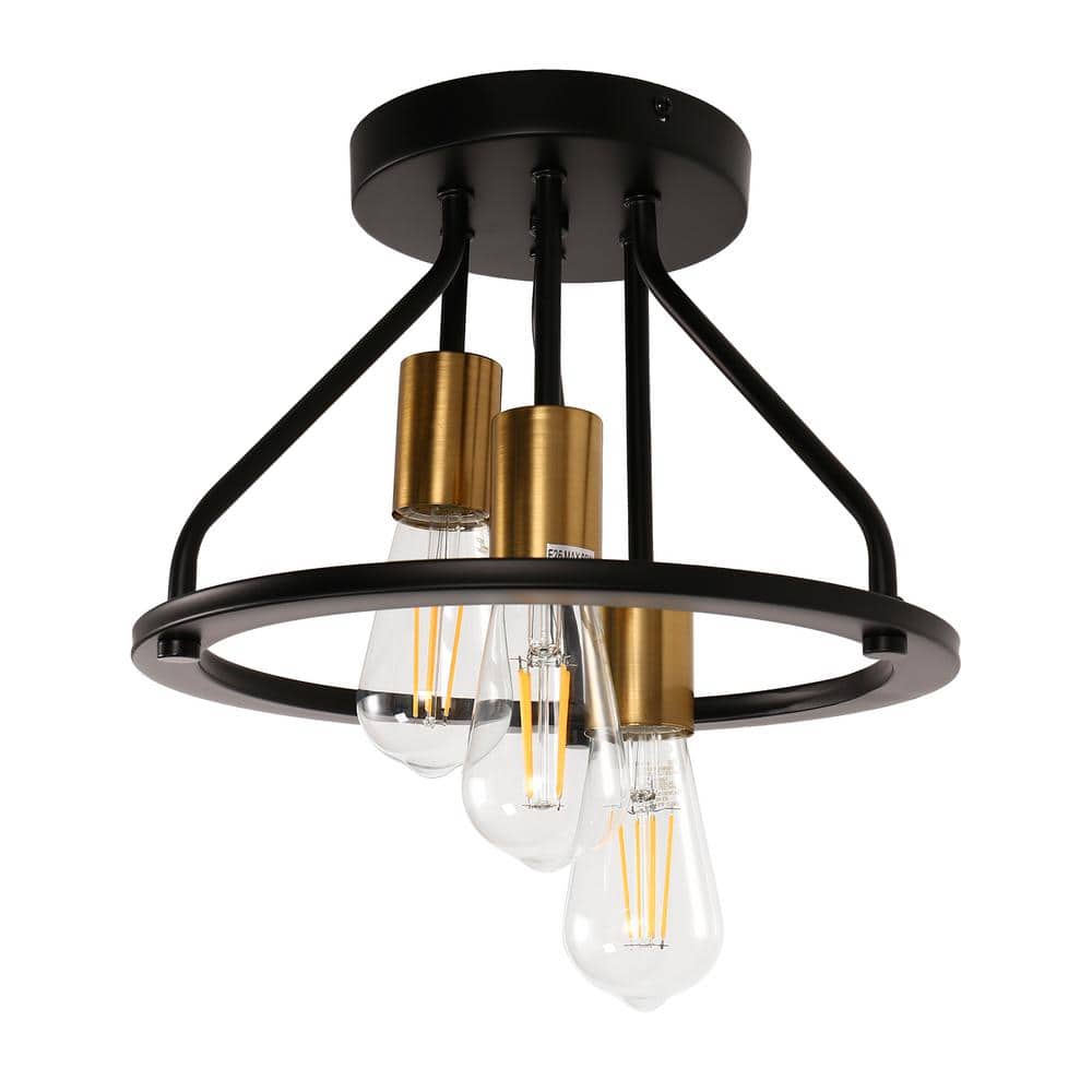 12 in. 3-Light Matte Black and Gold Industrial Cluster Semi-Flush Mount, Farmhouse Ceiling Lamp for Entryway Hallway - Hercitys