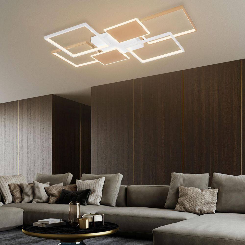 43.3 in. 6-Light Gold and White Modern Rectangular Selectable LED Semi-Flush Mount Ceiling Light with Remote - Hercitys