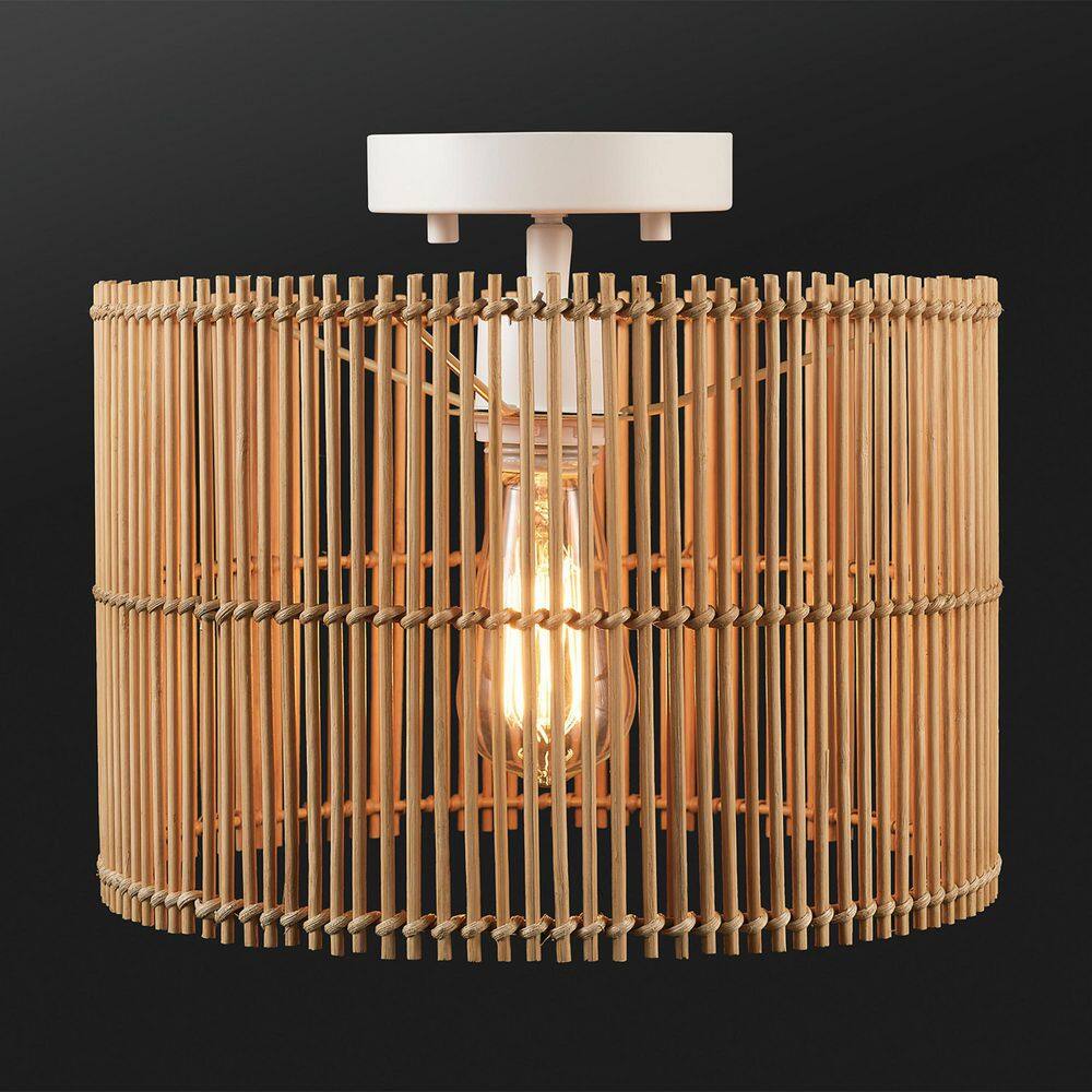 11.75 in. 1-Light Matte White Semi-Flush Mount Ceiling Light with Natural Bamboo Shade - Hercitys