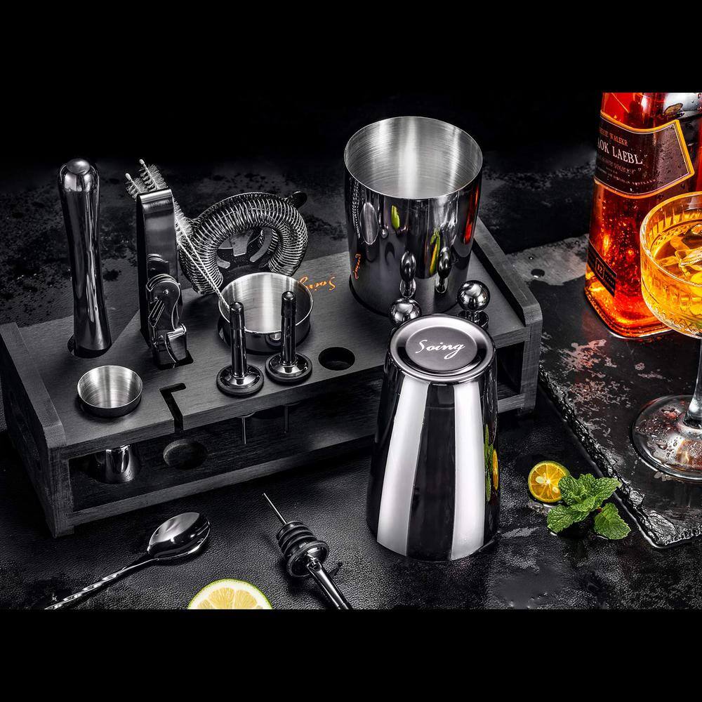 18 oz. and 28 oz. Black 24-Piece Stainless Steel Cocktail Shaker Set with Stand, Velvet Carry Bag and Recipes Cards - Hercitys