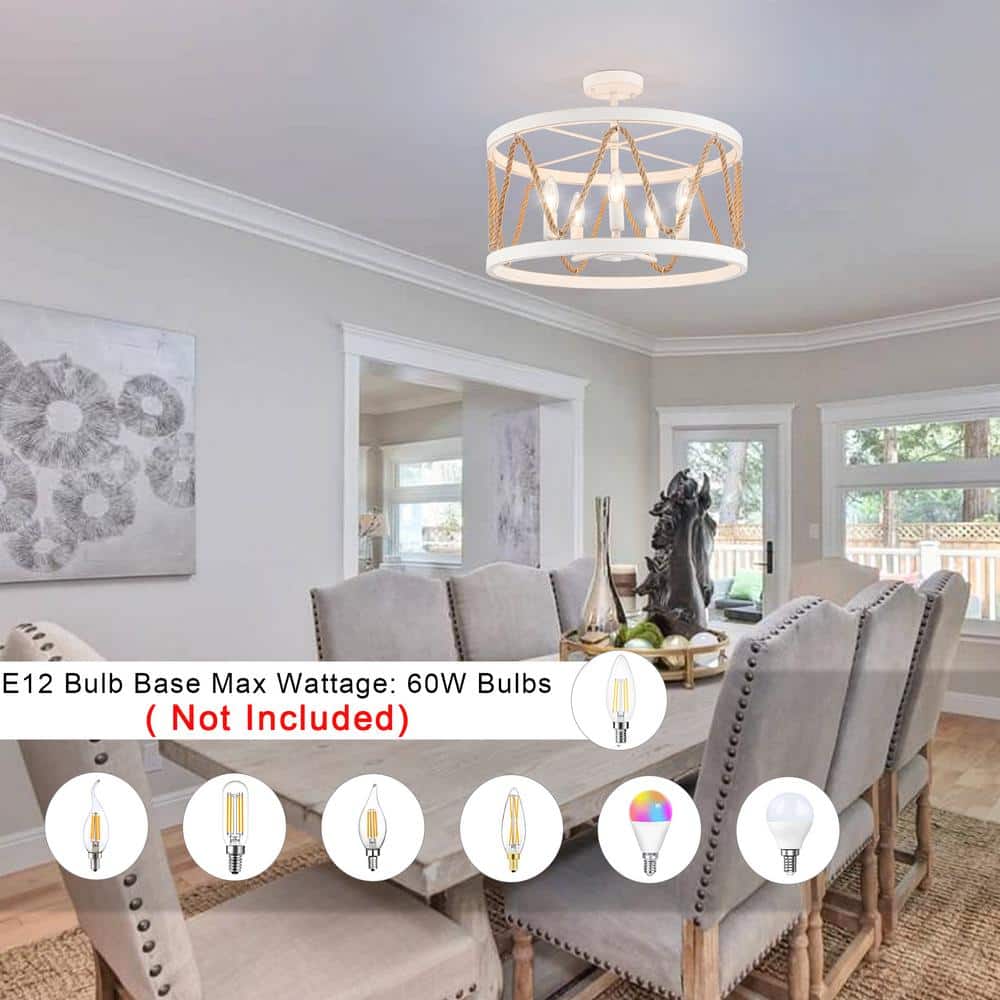 19.68 in. 5-Light White Drum Metal Hemp Rope Semi-Flush Mount Light，No Bulbs Included - Hercitys