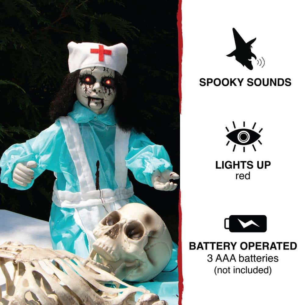 21.5 in. Battery Operated Poseable Animatronic Nurse with Red LED Eyes Halloween Prop - Hercitys