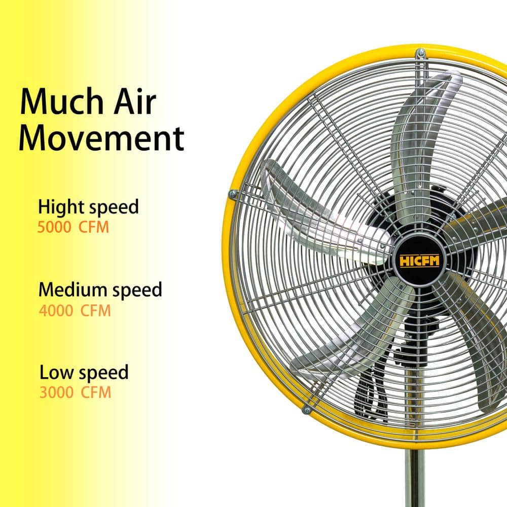 20 in. 3 Speeds High Velocity Oscillating Pedestal Fan in Yellow with 1/5 HP Powerful Motor, 5000 CFM - Hercitys