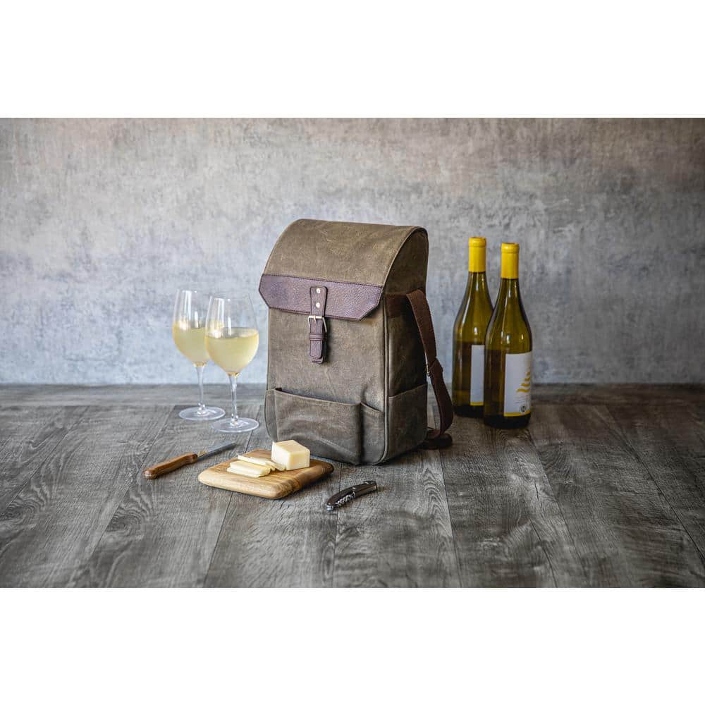 2-Bottle Khaki Green Waxed Canvas Wine Cooler Bag and Cheese Board Set - Hercitys