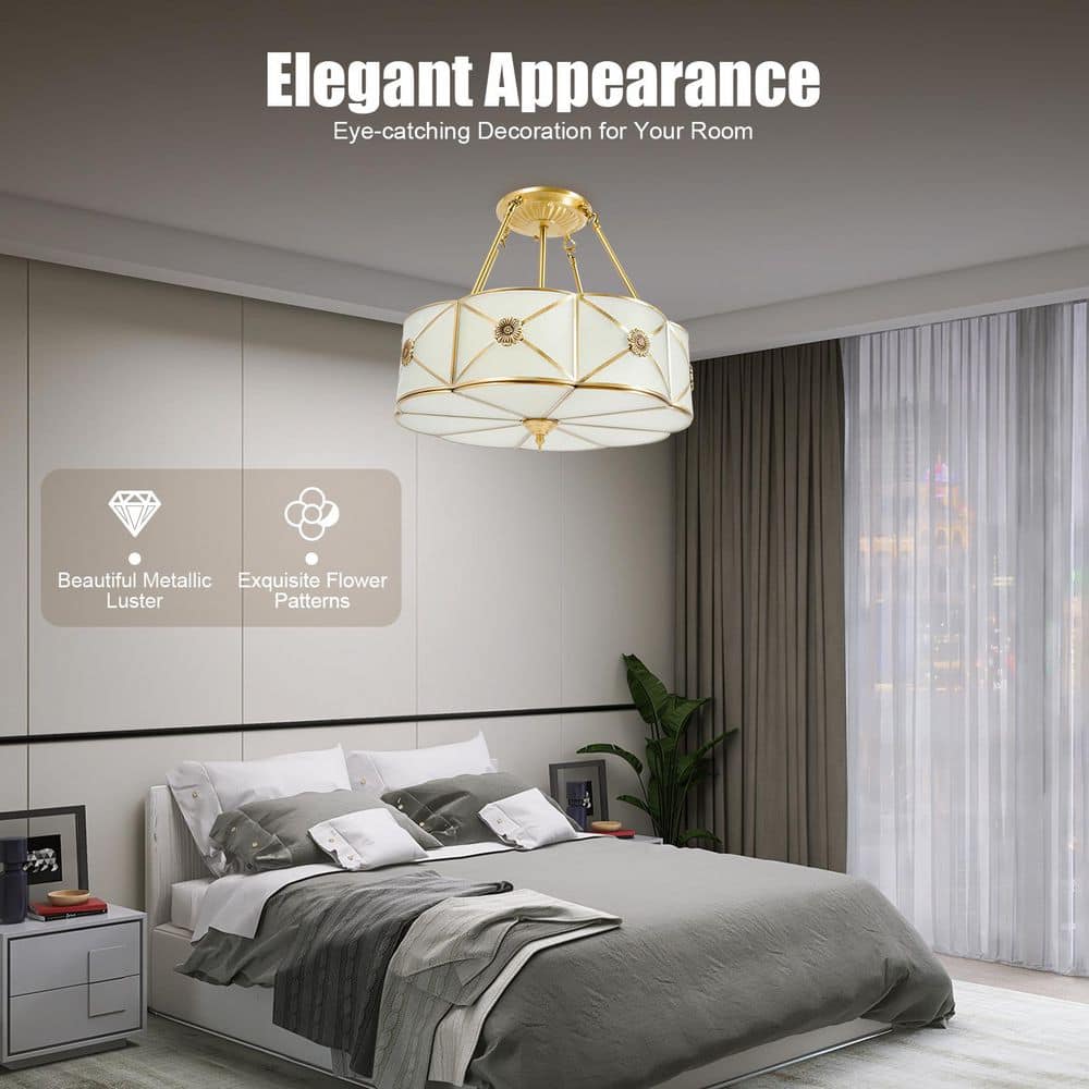 18 in. 4-Light Classical Style Gold Semi-Flush Mount Ceiling Light with Glass Lampshade - Hercitys