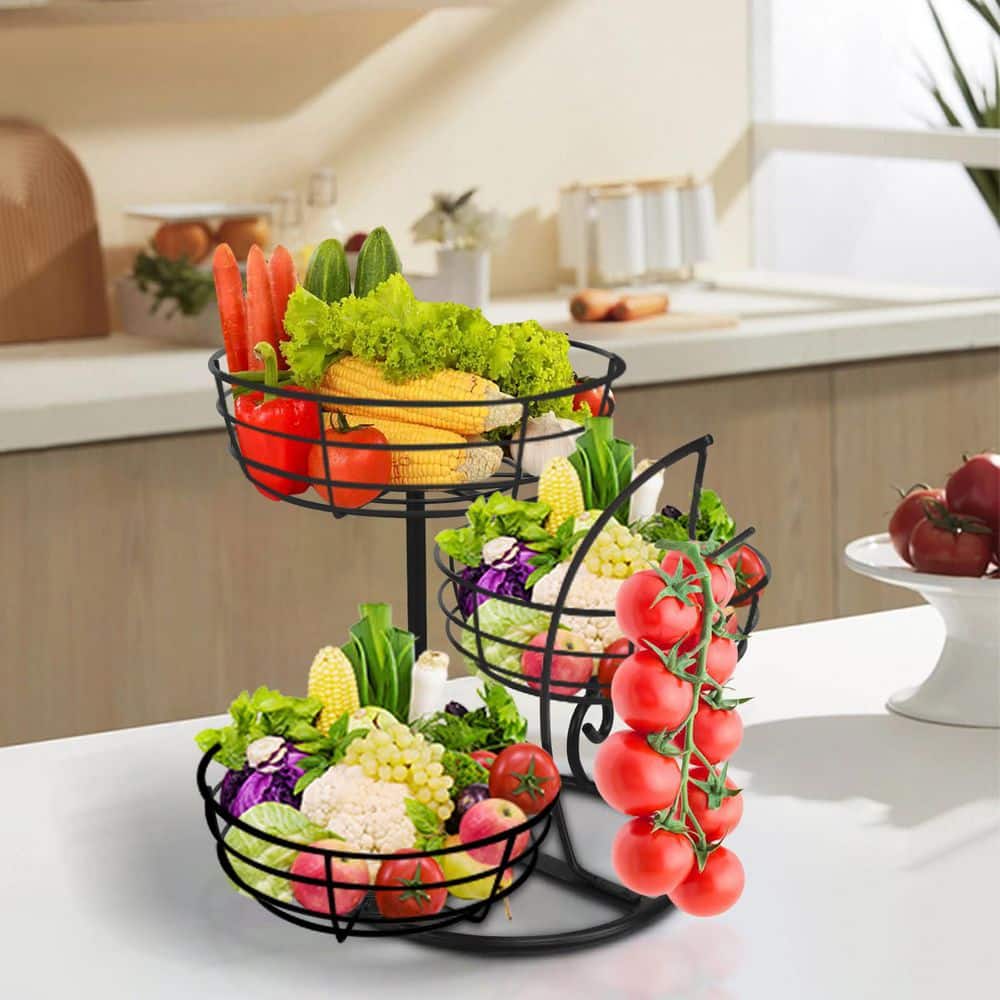 3-Tier Black Fruit Basket Bowl with Banana Hanger, Fruit Storage Basket with Metal Base for Kitchen Counter - Hercitys