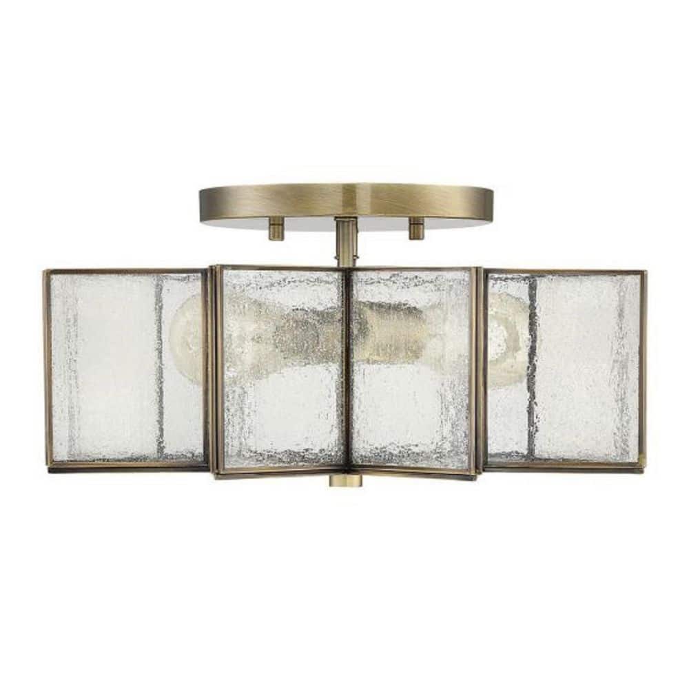 16 in. W x 7 in. H 2-Light Natural Brass Semi-Flush Mount Ceiling Light with Clear Seeded Glass Shade - Hercitys