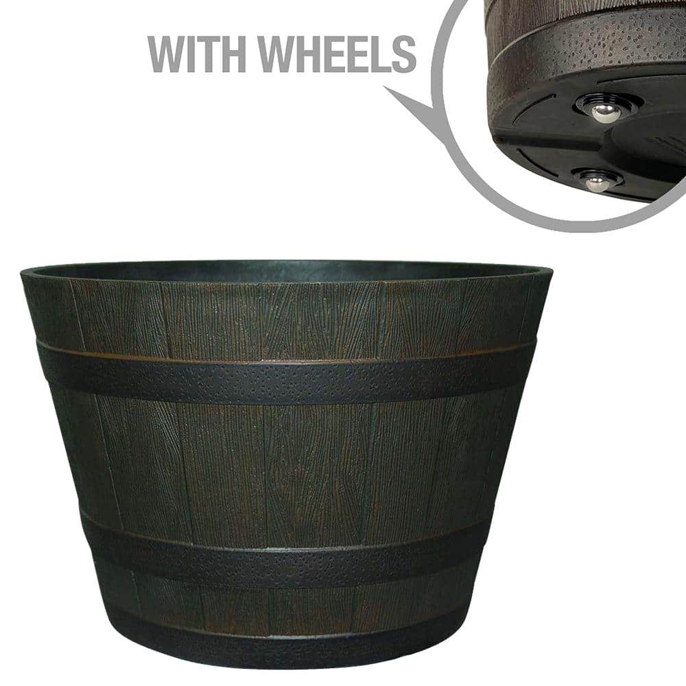 22.5 in. Dia x 15 in. H 70 qt. Dark Brown High-Density Resin Whiskey Barrel Outdoor Planter with Wheels - Hercitys