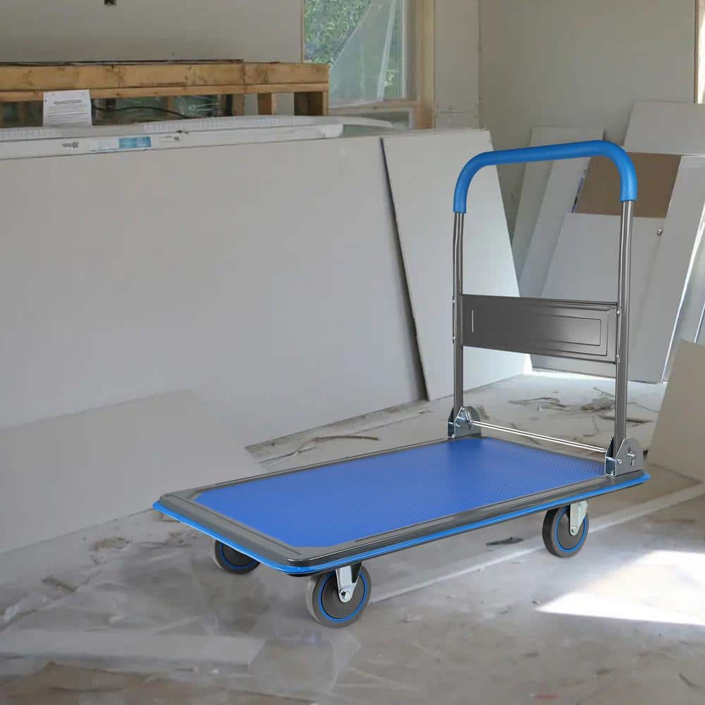 17 cu. ft. Metal Garden Cart 660 lbs. Capacity 4-Wheel Blue Steel Folding Hand Truck - Hercitys