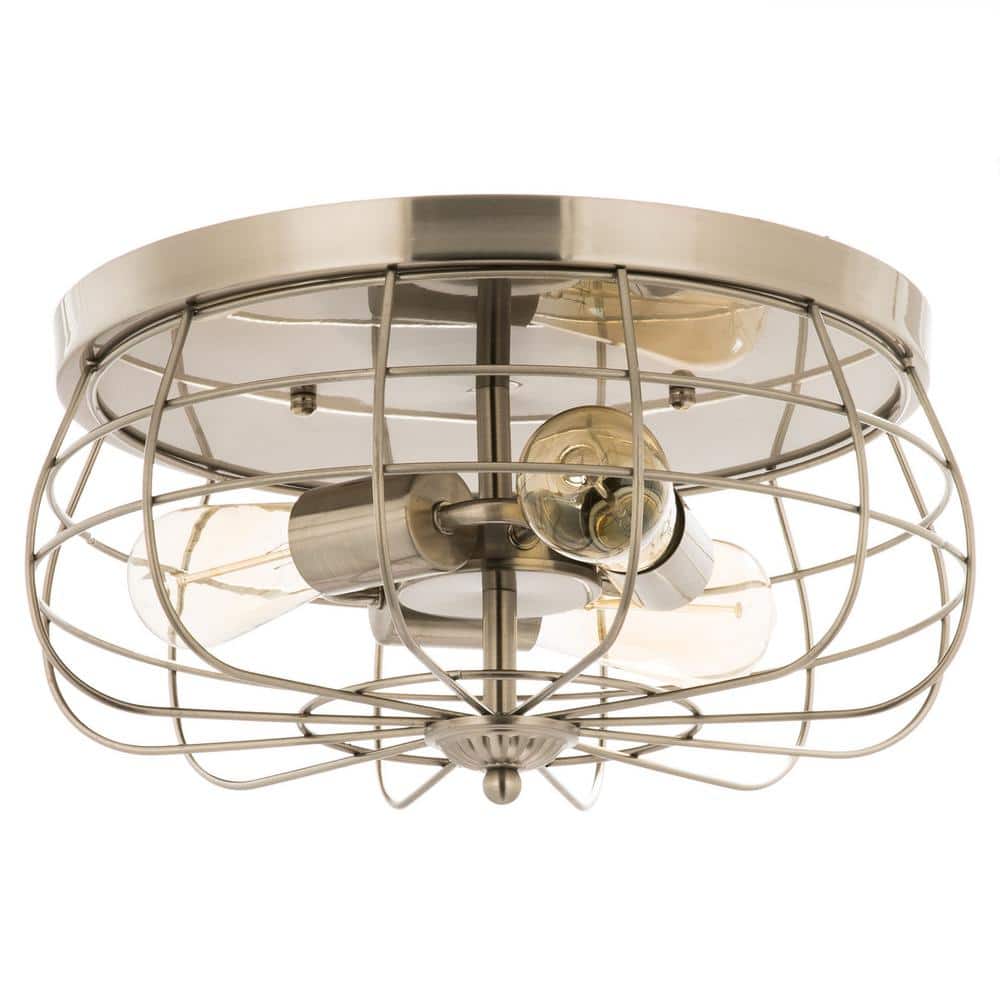15 in. Industrial 3-Light Brushed Nickel Metal Cage Flush Mount - Hercitys