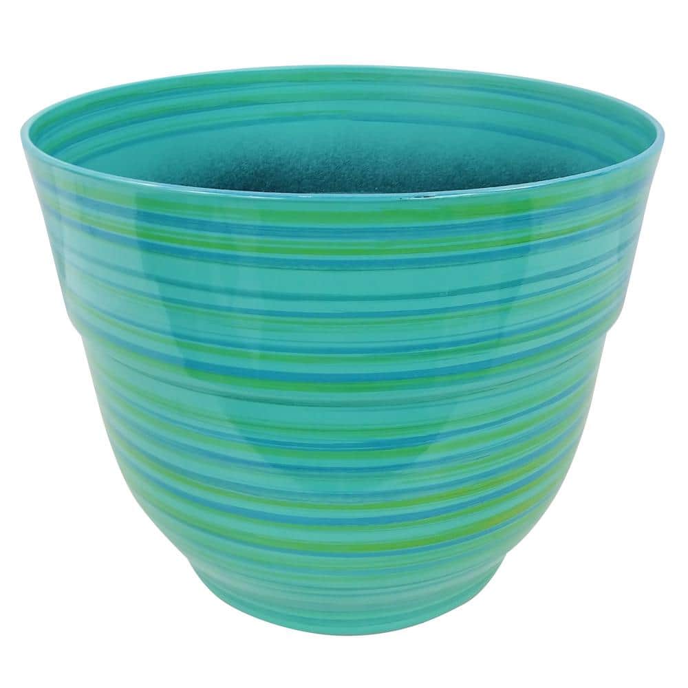 13 in. Indoor/Outdoor Plastic Round Striped Polypropylene Planter, Turquoise - Hercitys