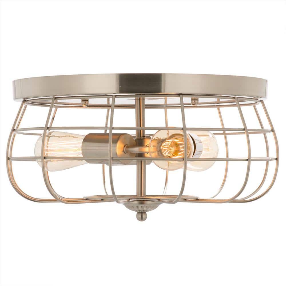 15 in. Industrial 3-Light Brushed Nickel Metal Cage Flush Mount - Hercitys