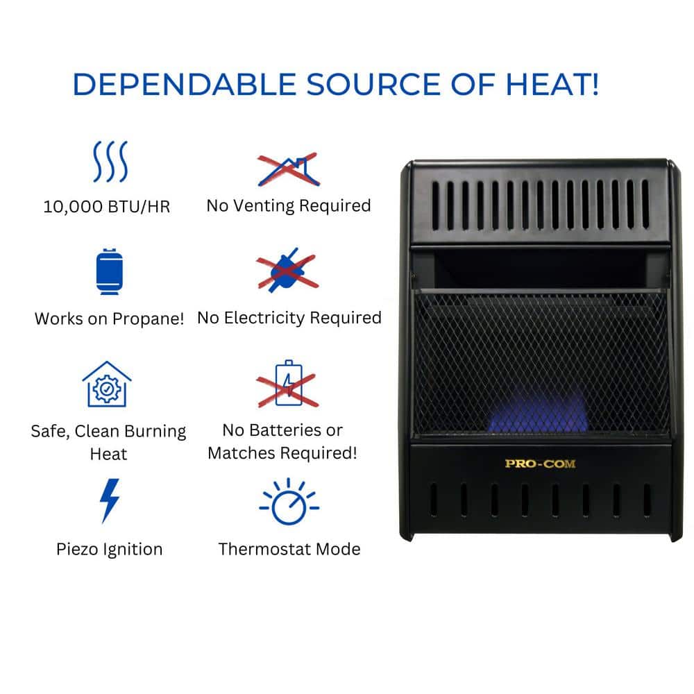 14 in. Vent-Free Propane Gas Wall Heater with Thermostat Control, 10000 BTU, Heats Up to 300 sq. ft. - Hercitys