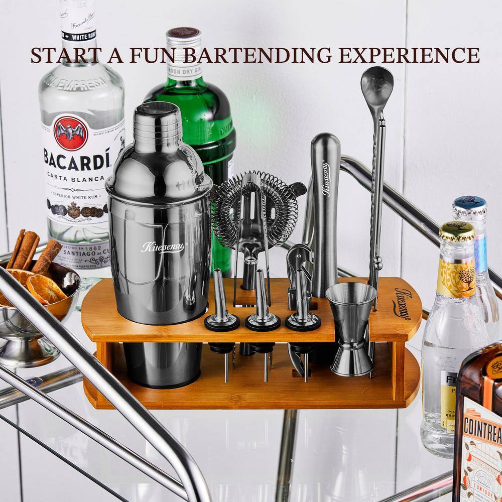 15-Piece Black Stainless Steel Kit with Stand Martini Shaker Cocktail Mix Set, Jigger, Strainer, Spoon, Muddler, Pourer - Hercitys