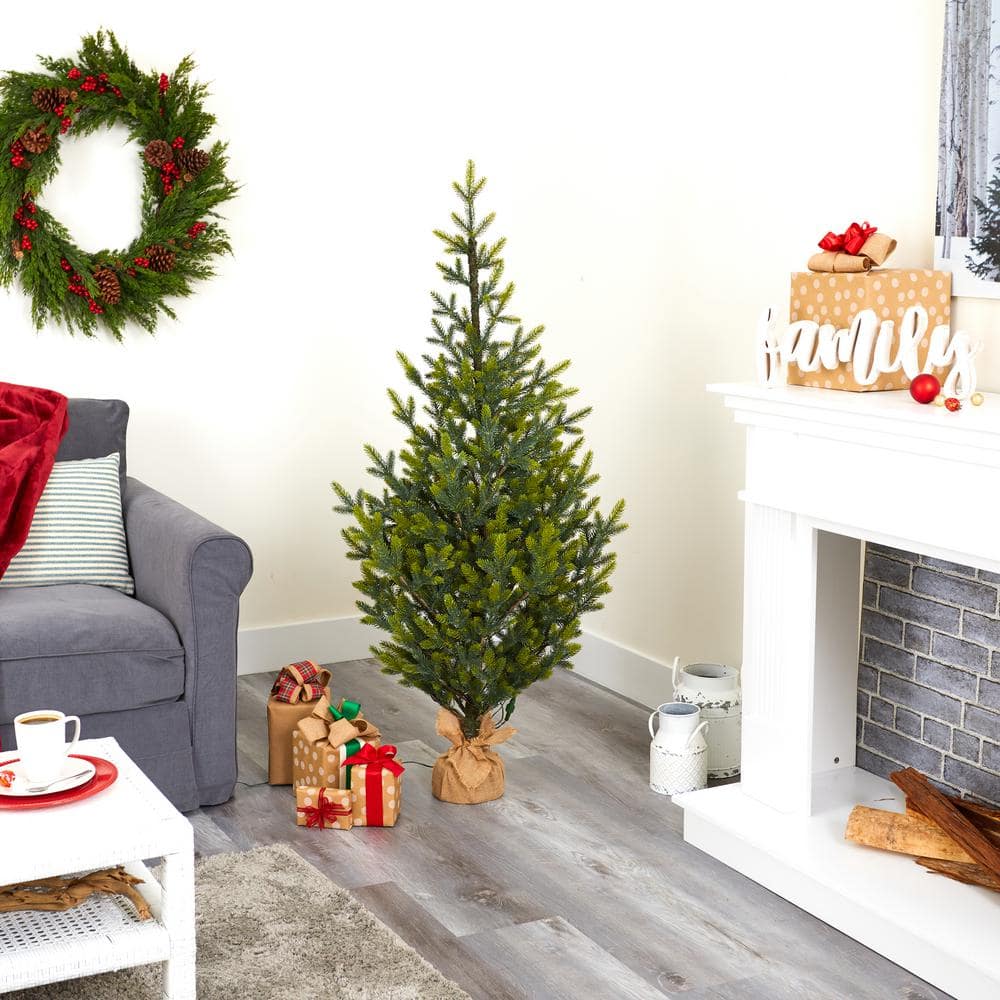 5 ft. Pre-Lit Fraser Fir Natural Look Artificial Christmas Tree with 200 Clear LED Lights in a Burlap Base - Hercitys