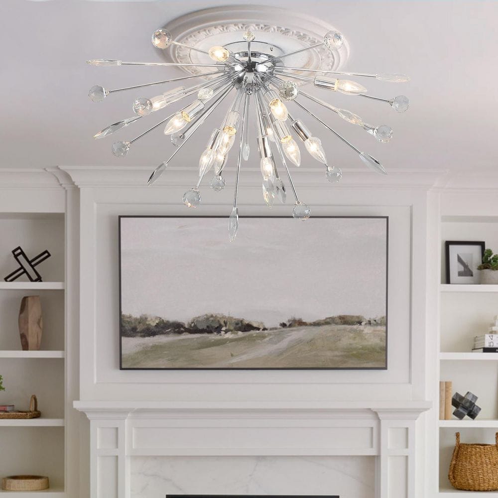 31.5 in. 12-Light Chrome Sputnik Firework Crystal Flush Mount Ceiling Light - Hercitys