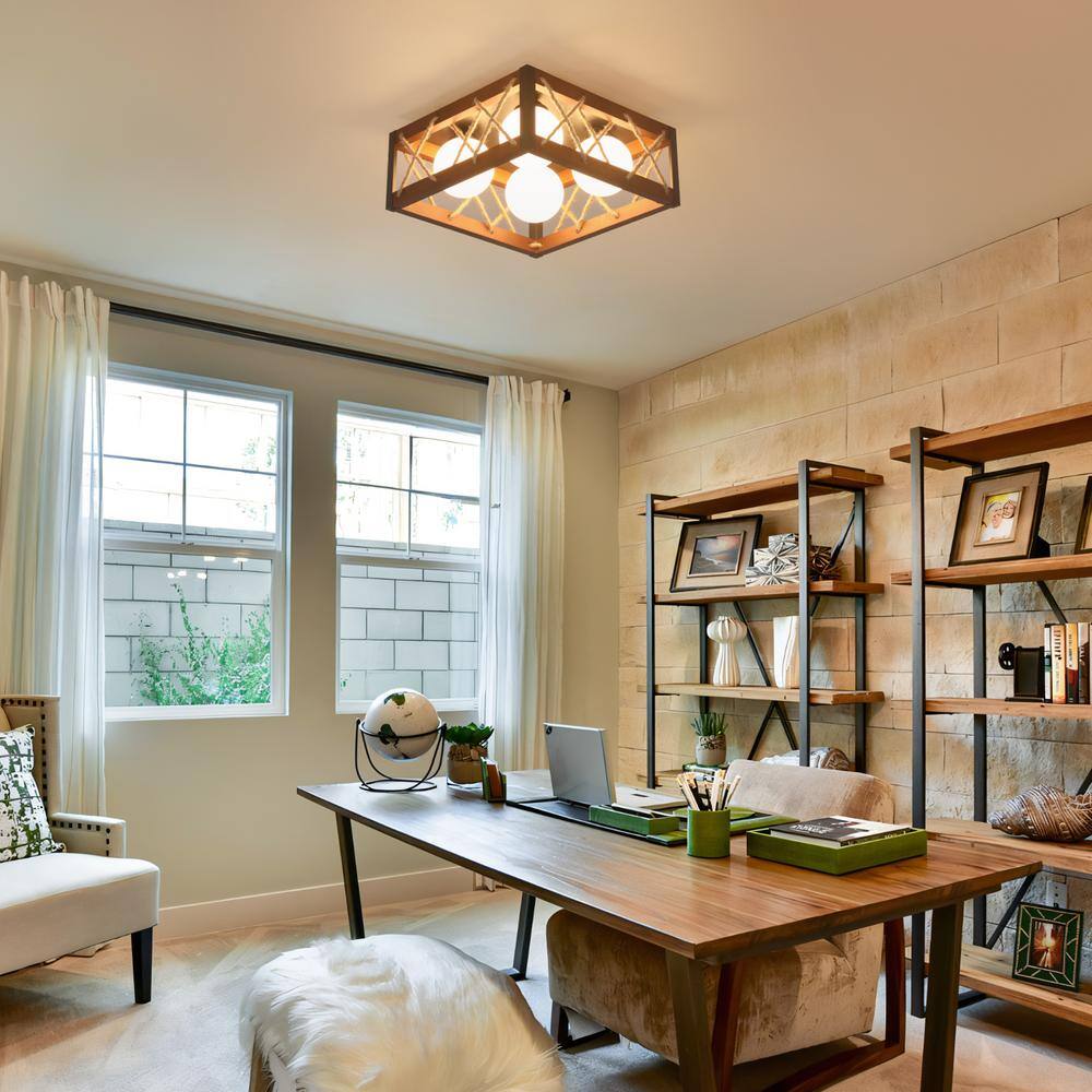 16 in. 25-Watt Farmhouse Rustic Square Wood Dimmable LED Flush Mount Ceiling Light with Acrylic Shatterproof Shade - Hercitys