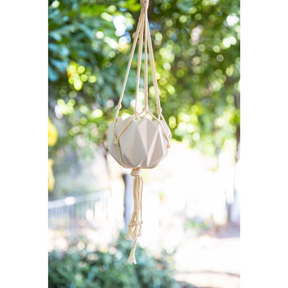 5 in. Matte White Ceramic Macrame Hanging Planter - Hercitys