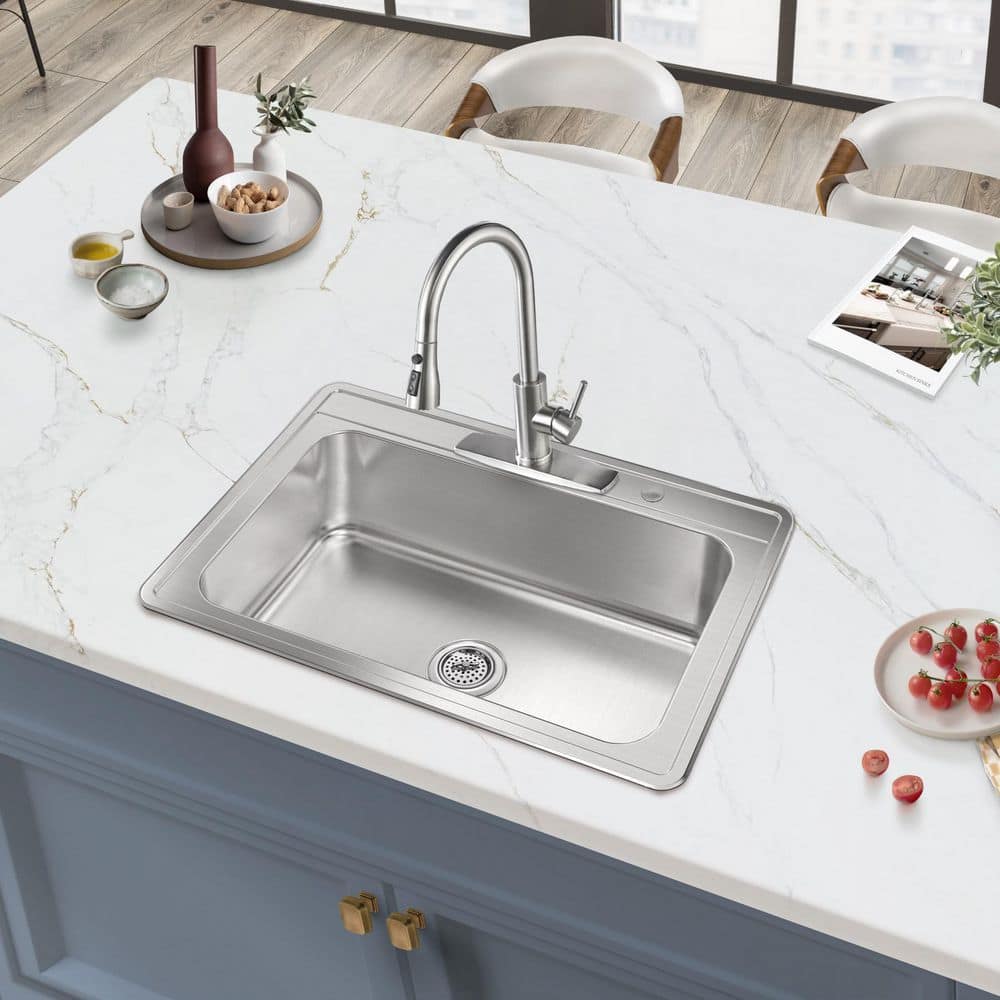 33 in. Drop-In Single Bowl 20-Gauge Stainless Steel Kitchen Sink - Hercitys