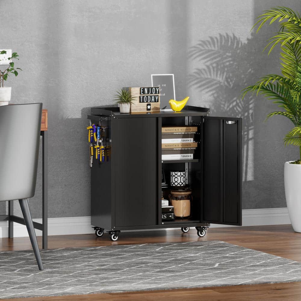 30 in. W x 35.5 in. H x 18 in. D Metal Freestanding Cabinet with Shelf, Pegboard, Side Push Handle in Black - Hercitys